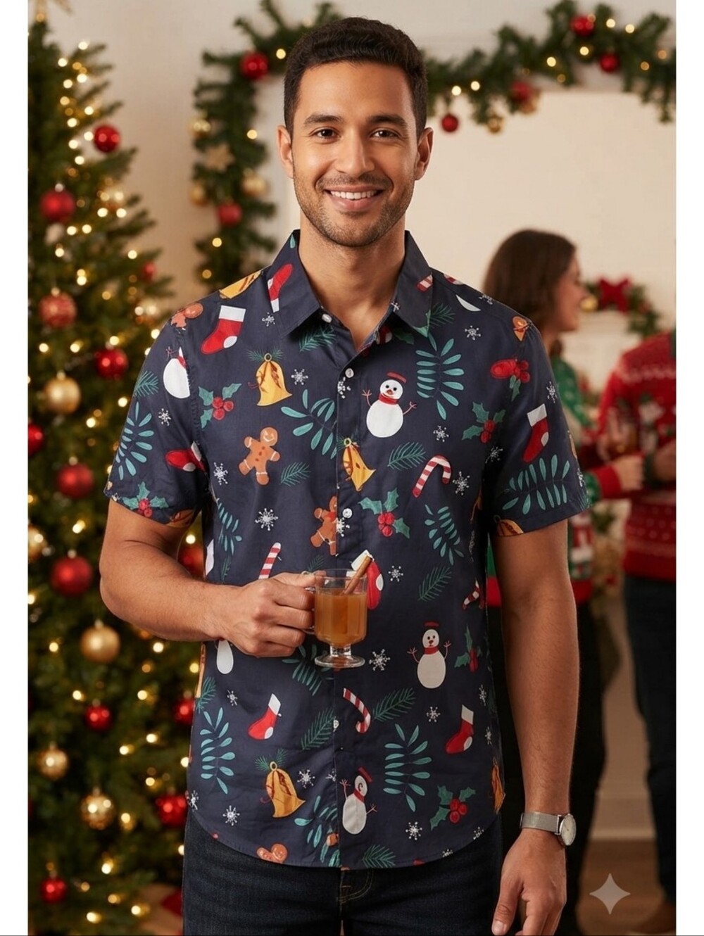 Tunevuse Short Sleeve Christmas Shirt Navy